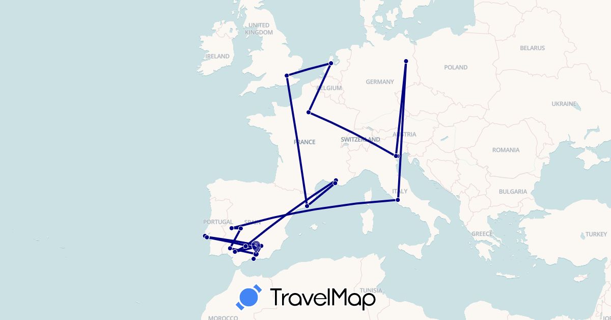 TravelMap itinerary: driving in Germany, Spain, France, United Kingdom, Italy, Netherlands, Portugal, Vatican City (Europe)